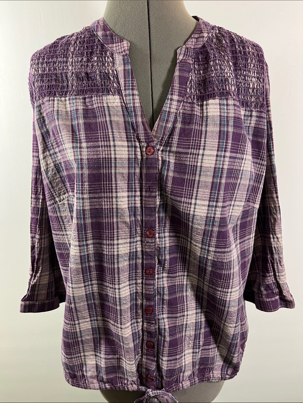 Christopher & Banks Purple Plaid Button-Front Top Size XL